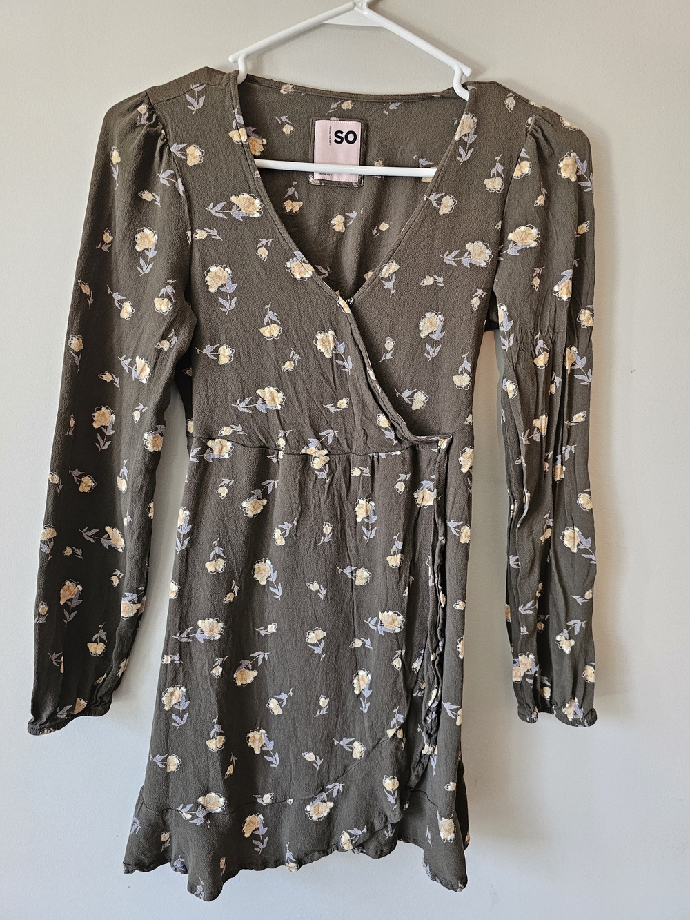SO Brown Floral Wrap Mini Dress with Yellow Blooms